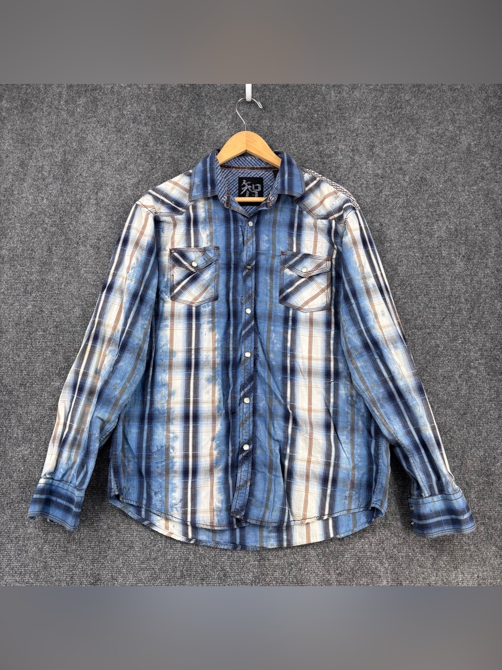 Age Of Wisdom Blue Plaid Western Pearl Snap Long Sleeve Shirt Men’s L Cotton